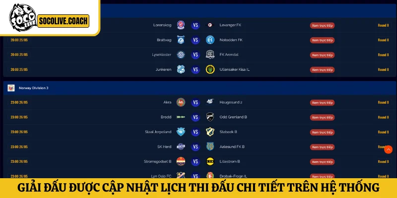 Những giải đấu được cập nhật lịch thi đấu chi tiết trên hệ thống